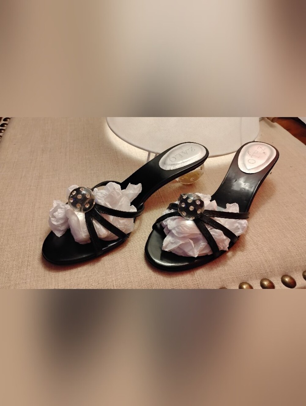 Vintage Zalo heeled mule sandals. Black With Decorative Globe Design. 7.5